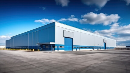 Fototapeta na wymiar Blue grey Outside of Logistics Warehouse with Open Door, Truck Delivering Online Orders, Purchases, E-Commerce Goods, Wholesale Merchandise.