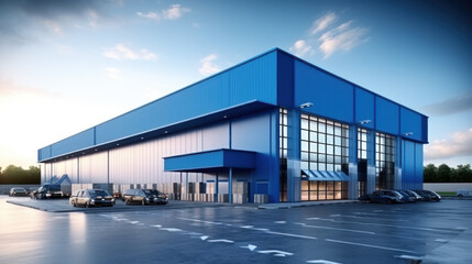 Blue grey Outside of Logistics Warehouse with Open Door, Truck Delivering Online Orders, Purchases, E-Commerce Goods, Wholesale Merchandise.