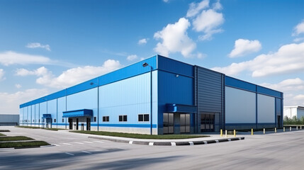 Fototapeta na wymiar Blue grey Outside of Logistics Warehouse with Open Door, Truck Delivering Online Orders, Purchases, E-Commerce Goods, Wholesale Merchandise.