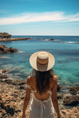 back view of woman in summer sun hat standing by sea or ocean water an looking at nature, follow me concept