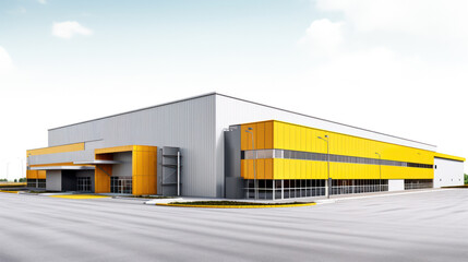 Fototapeta na wymiar Grey yellow Outside of Logistics Warehouse with Open Door, Truck Delivering Online Orders, Purchases, E-Commerce Goods, Wholesale Merchandise.