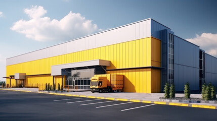 Grey yellow Outside of Logistics Warehouse with Open Door, Truck Delivering Online Orders, Purchases, E-Commerce Goods, Wholesale Merchandise. - obrazy, fototapety, plakaty