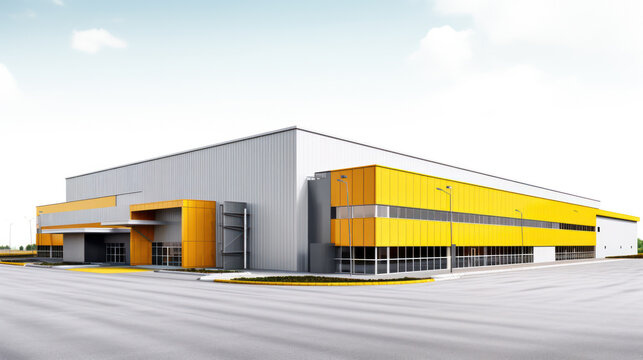 Grey yellow Outside of Logistics Warehouse with Open Door, Truck Delivering Online Orders, Purchases, E-Commerce Goods, Wholesale Merchandise.