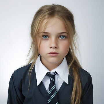 Girl in school uniform on white background, AI Generative.