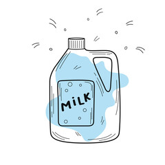 Plastic bottle of milk. Organic homemade food. Vector illustration in hand drawn doodle style. Nutrition concept. Kitchen image. Illustration for a cookbook.