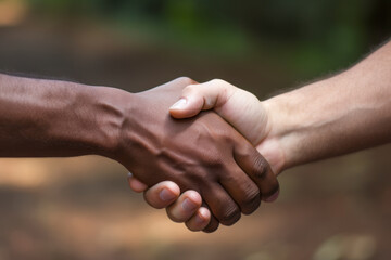 Multicultural handshake, photo of hands, close-up.