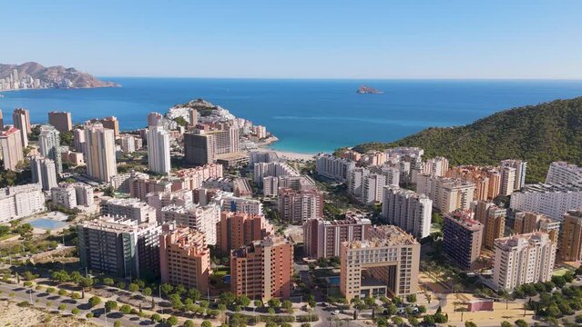 Aerial drone view of the skyline and apartment buildings in Benidorm, a coastal town in the Costa Blanca Spain