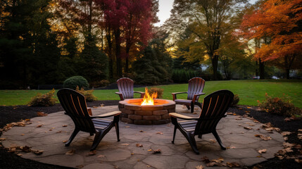 A patio with a firepit in garden