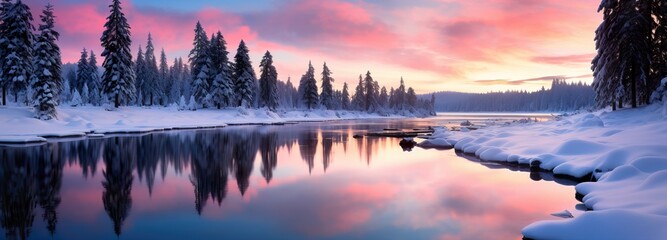 Enchanting Twilight: Snowy Reflections by the Riverside at Dusk