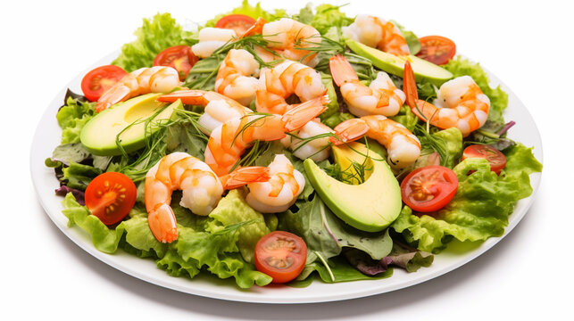 Rich plate of salad from green leaves mix and vegetables with avocado or eggs, shrimps generative ai