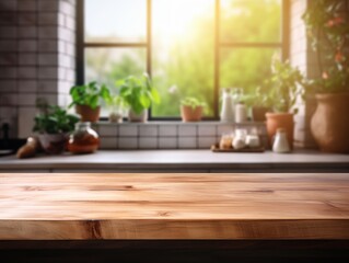 Blurred kitchen interior. Wooden table background of free space for your decoration and blurred background of kitchen.