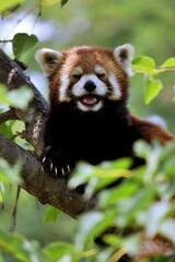 木に登った笑顔のレッサーパンダ