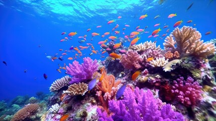 Fototapeta na wymiar Purple and Orange Anthias drift in the current Next to Gorgeous Coral Bommie. Great Barrier Reef. Australia.