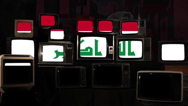 Vintage Televisions with The National Flag of Iraq. 4K Resolution.