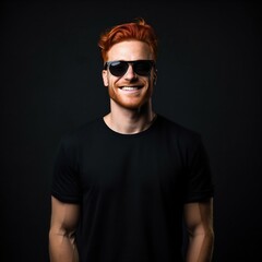 Confident Charm: Smiling Ginger Man in Black T-Shirt and Glasses on Black Background. Generative ai