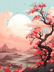 Pink Blossom Tree Against Mountain Landscape