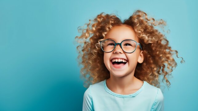 Sunshine Smile: Happy Curly Blond Girl with Big Eyeglasses on Light Blue Background. Generative ai