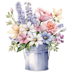 Watercolor flowers in bucket.