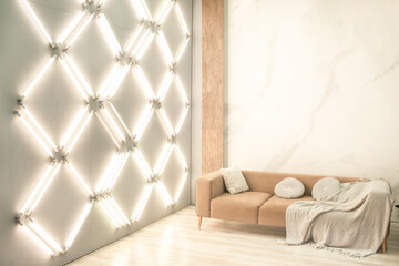 beautiful living room interior with a sofa and large lamps on the ceiling and wall. stylish room