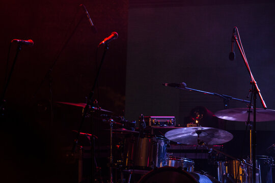 The drum set on the stage. Scene
