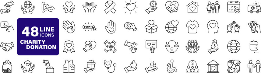 Charity and Donation set of web icons in line style. Volunteering and donation icons for web and mobile app. Help, caring, solidarity, alms, donate, volunteer, care, charity and more. Editable stroke