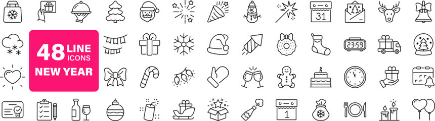 New year holiday set of web icons in line style. Merry Christmas and Happy New Year icons for web and mobile app. Winter, xmas, celebration, party, birthday, event, santa, tree, snow. Editable stroke