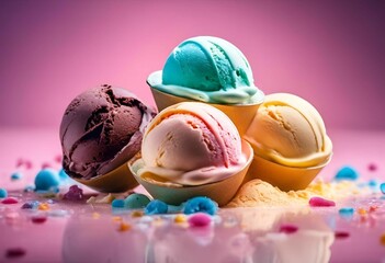 various ice creams in containers and sprinkles