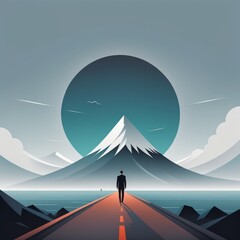 a man in a black jacket with a mountain on background. vector art illustration. a man in a black
