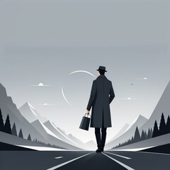 vector illustration of man in black hat walking through the landscape vector illustration of ma - obrazy, fototapety, plakaty