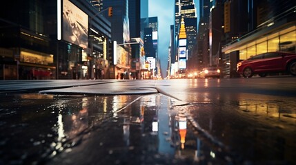 Fototapeta premium Urban Glow: Close-Up of City Lights Reflecting on New York Asphalt Road. Generative ai