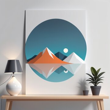 modern minimalist landscape interior design with mountain, sun, mountains, wooden wall, window,