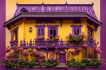 Yellow and purple color house surrounded by purple flowers