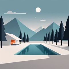 winter lake, forest and mountains, snow, trees and mountains. christmas and new year concept. v