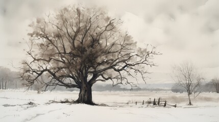 Fototapeta na wymiar Painting singletree snow covered field beautiful art Ai generated art