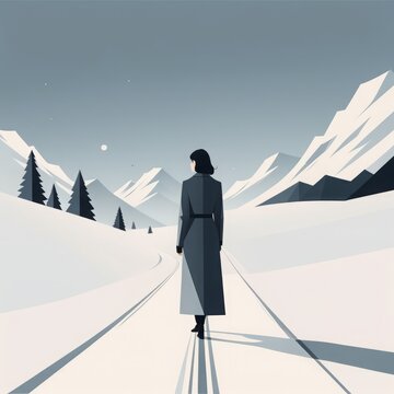 woman walking along the road with a bag of snow - covered hills and mountains woman walking alo