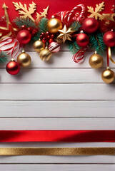 white wooden christmas background with rich red and golden ornaments, red and golden decorations