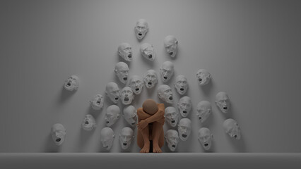 Fears and problems attacked the person. A human figure is sitting on the floor cowering in fear. Lots of screaming faces in the wall, surreal 3D concept - 679862213