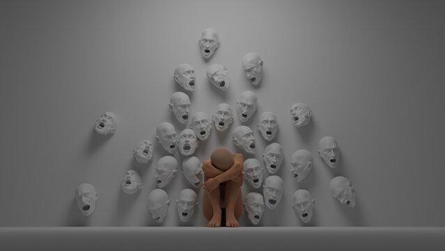 Fears and problems attacked the person. A human figure is sitting on the floor cowering in fear. Lots of screaming faces in the wall, surreal 3D concept