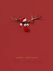 Reindeer with red nose and Santa hat on red background. Christmas greeting card design with text. 3D Rendering, 3D Illustration © hd3dsh