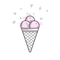 Three scoops of ice cream in a waffle cone. Dairy products. Dessert. Organic homemade food. Vector illustration in hand drawn doodle style. Nutrition concept. Picture of food.