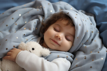 Süßes schlafendes Baby mit Kuscheltier und Locken (Durch AI generiert)