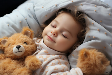 Süßes schlafendes Baby mit Kuscheltier und Locken (Durch AI generiert)