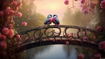 A pair of lovebirds perched on a rustic wooden bridge, overlooking a heart-shaped pond.