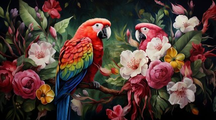 A pair of majestic parrots in a passionate embrace, surrounded by vibrant tropical flowers and lush greenery.