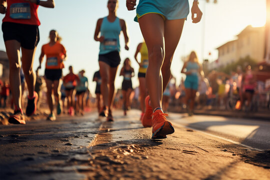 Marathon Beine auf Stra&szlig;e von vielen Teilnehmern (Durch AI generiert)