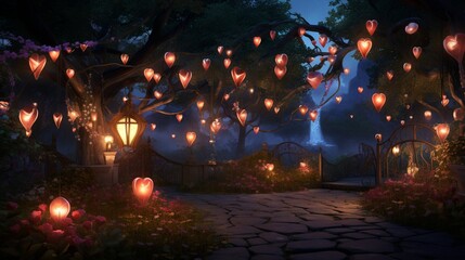 A serene garden where lovebirds can release heart-shaped lanterns into the night sky.