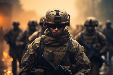 Soldat mit Helm und Uniform im Einsatz (Durch AI generiert) - obrazy, fototapety, plakaty