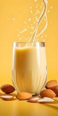 Almond Milk splash in a glass isolated on yellow background. Oat milk splash. Glass of  milk 