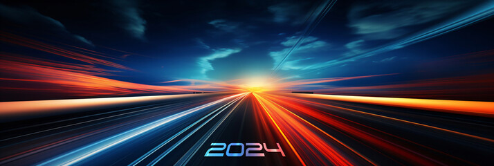 driving on the road to success - 2024 year number on the highway, sunrise in the new year - obrazy, fototapety, plakaty