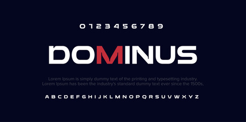 DOMINUS Abstract modern thin line font alphabet. Technology digital neon fonts and numbers. Typography typeface uppercase number. vector illustration